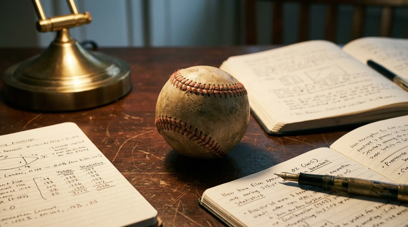 Baseball auf einem Holztisch neben mehreren aufgeschlagenen Notizbüchern mit handschriftlichen Notizen, symbolisch für den strategischen Quotenvergleich bei Baseball-Wetten