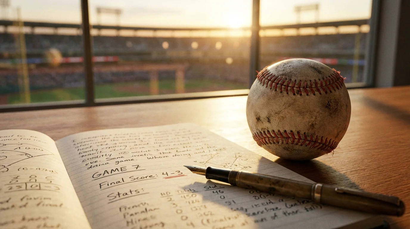 Baseball auf einem Holztisch neben einem aufgeschlagenen Notizbuch mit handschriftlichen Notizen, symbolisch für strategisches Bankroll Management bei Baseball Wetten