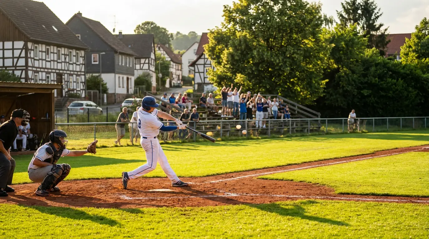 Baseball-Spielszene auf einem deutschen Bundesliga-Spielfeld mit Batter am Schlagmal bei Tageslicht