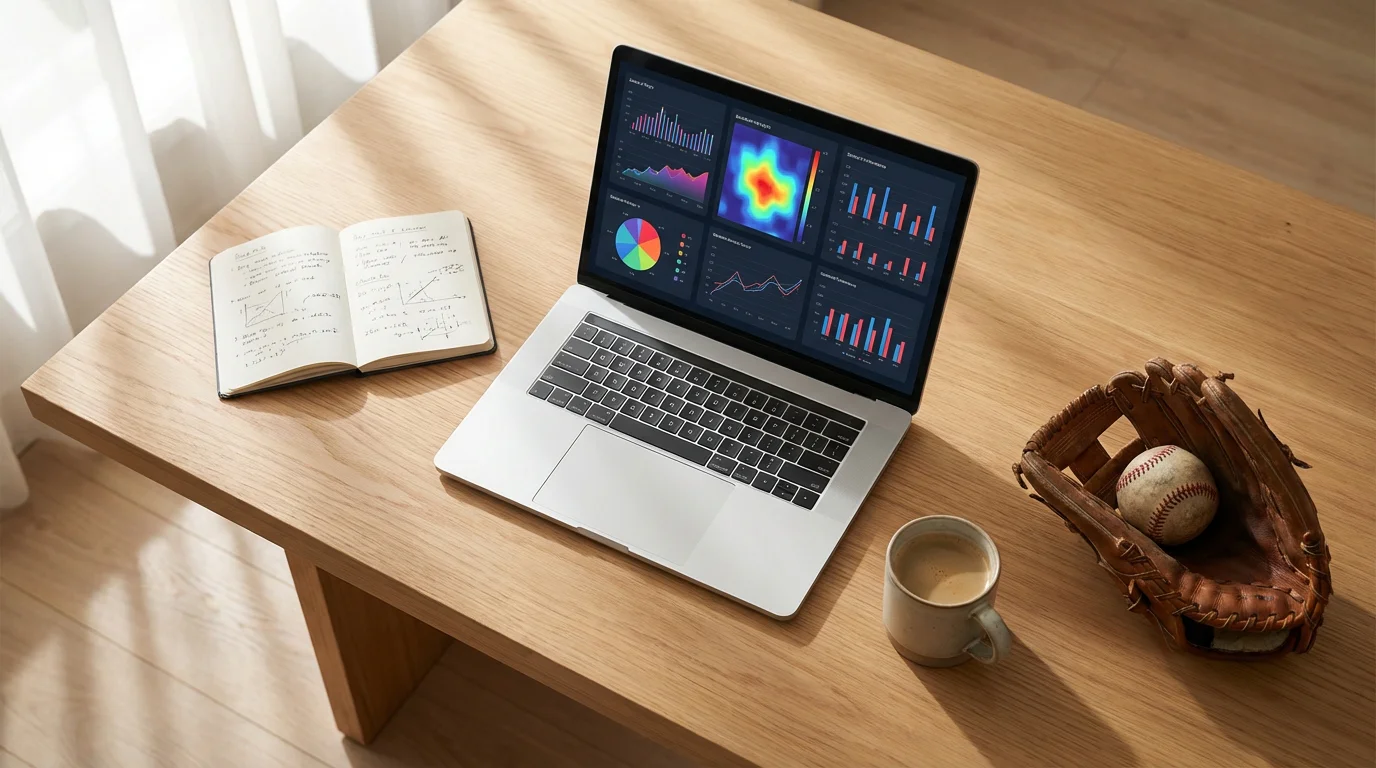 Laptop mit Baseball-Statistiken und Datenvisualisierungen auf einem Schreibtisch