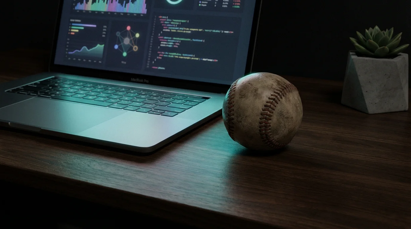 Baseball neben einem aufgeklappten Laptop mit leuchtenden Datenvisualisierungen auf dunklem Schreibtisch