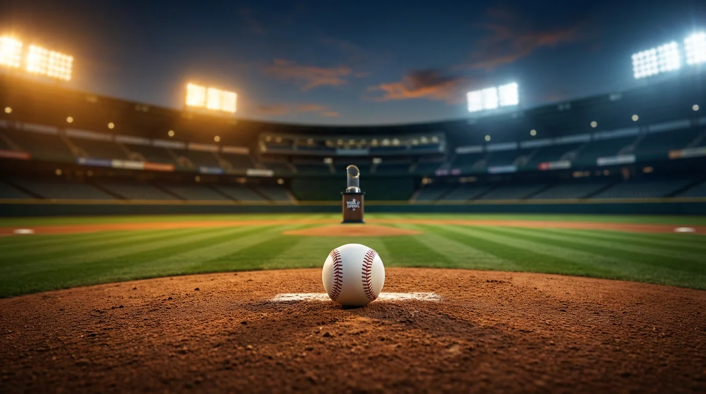 Baseballstadion bei Nacht mit Flutlicht und einem Baseball auf dem Pitcher's Mound - symbolisch für MLB Langzeitwetten und World-Series-Langzeitwetten