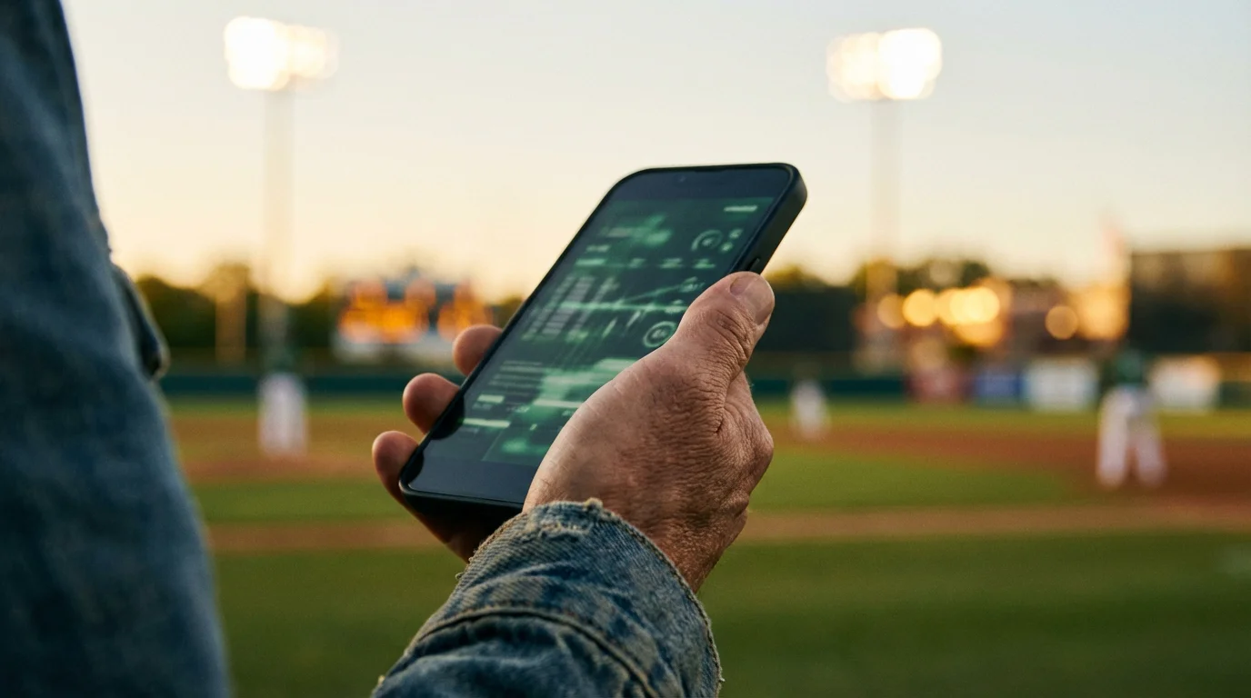 Hand hält Smartphone mit Sportwetten-App in einem Baseball-Stadion