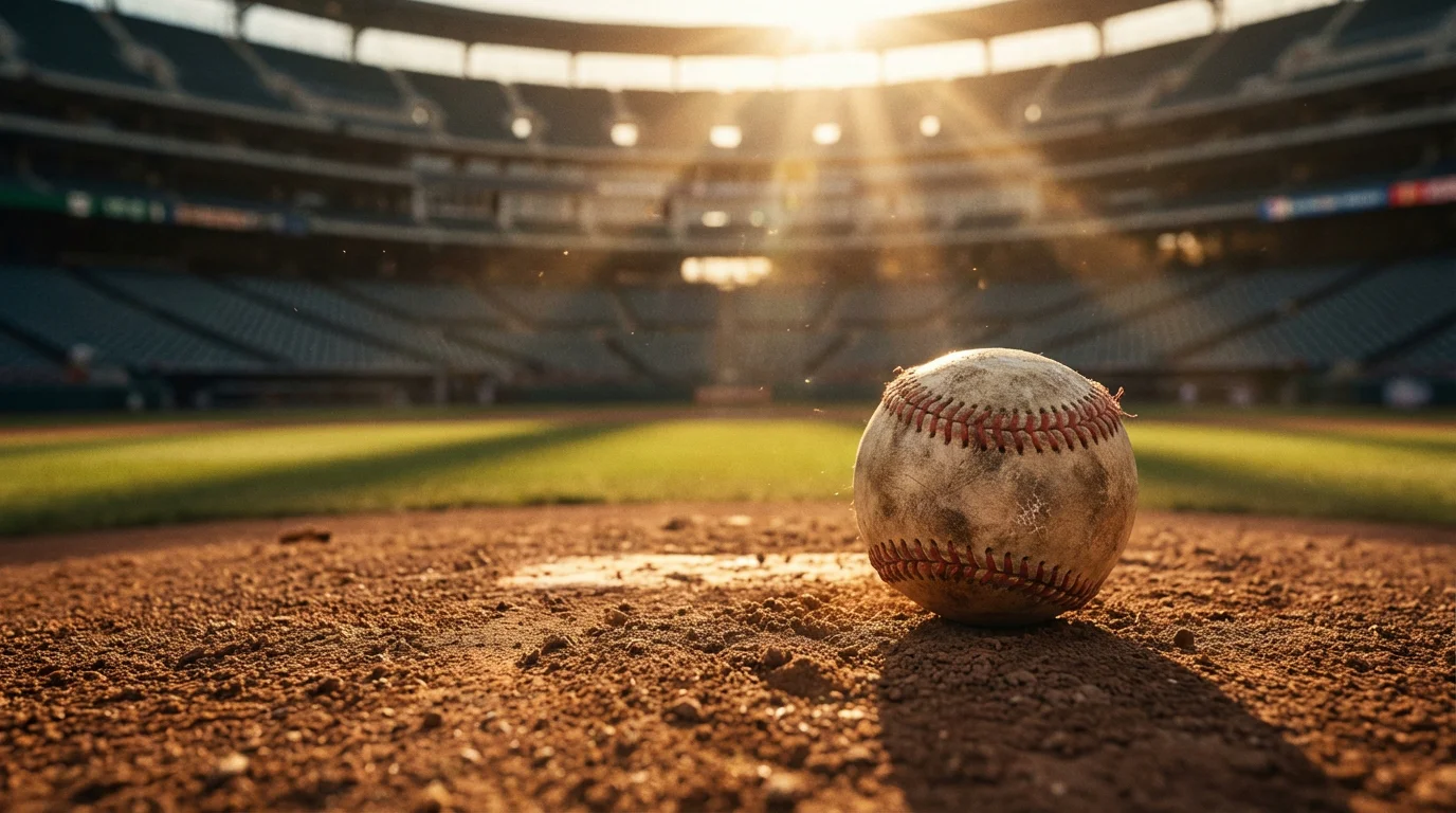 Baseball auf dem Pitcher's Mound in einem leeren Stadion bei dramatischem Abendlicht, symbolisch für Serien und Momentum im Baseball