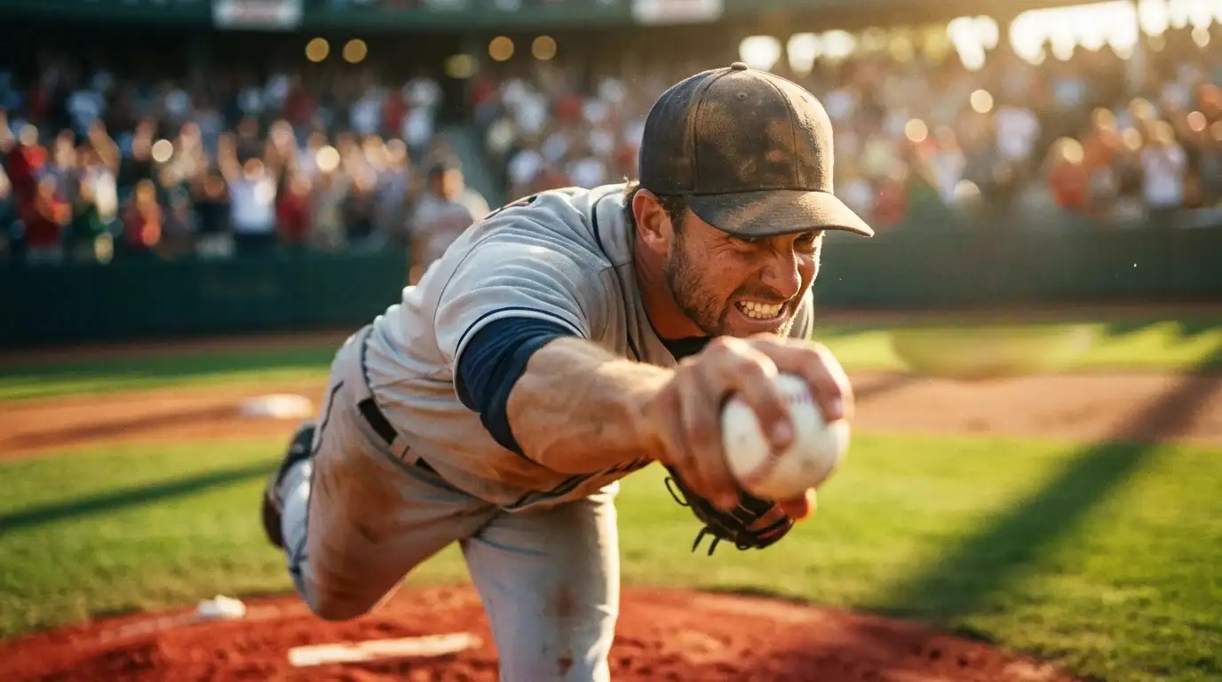 Baseball-Pitcher in Wurfbewegung auf dem Mound während eines Profispiels
