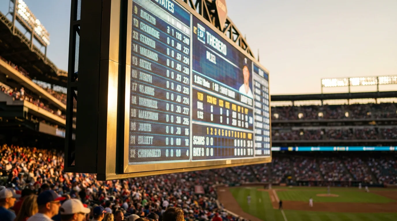 Große Stadion-Anzeigetafel mit Spielstatistiken und Ergebnissen bei einem Baseballspiel