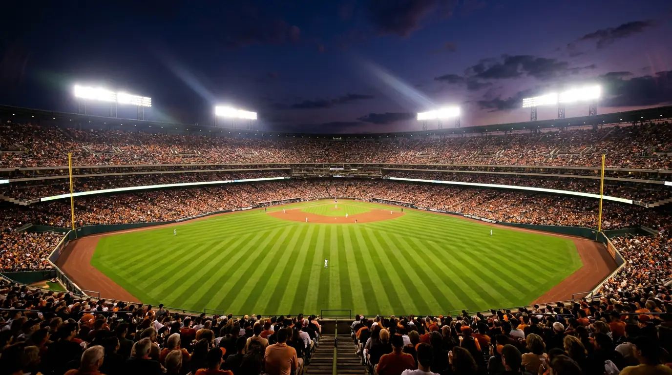 Beleuchtetes Baseball-Stadion bei Nacht mit Blick auf das Spielfeld und die Tribünen