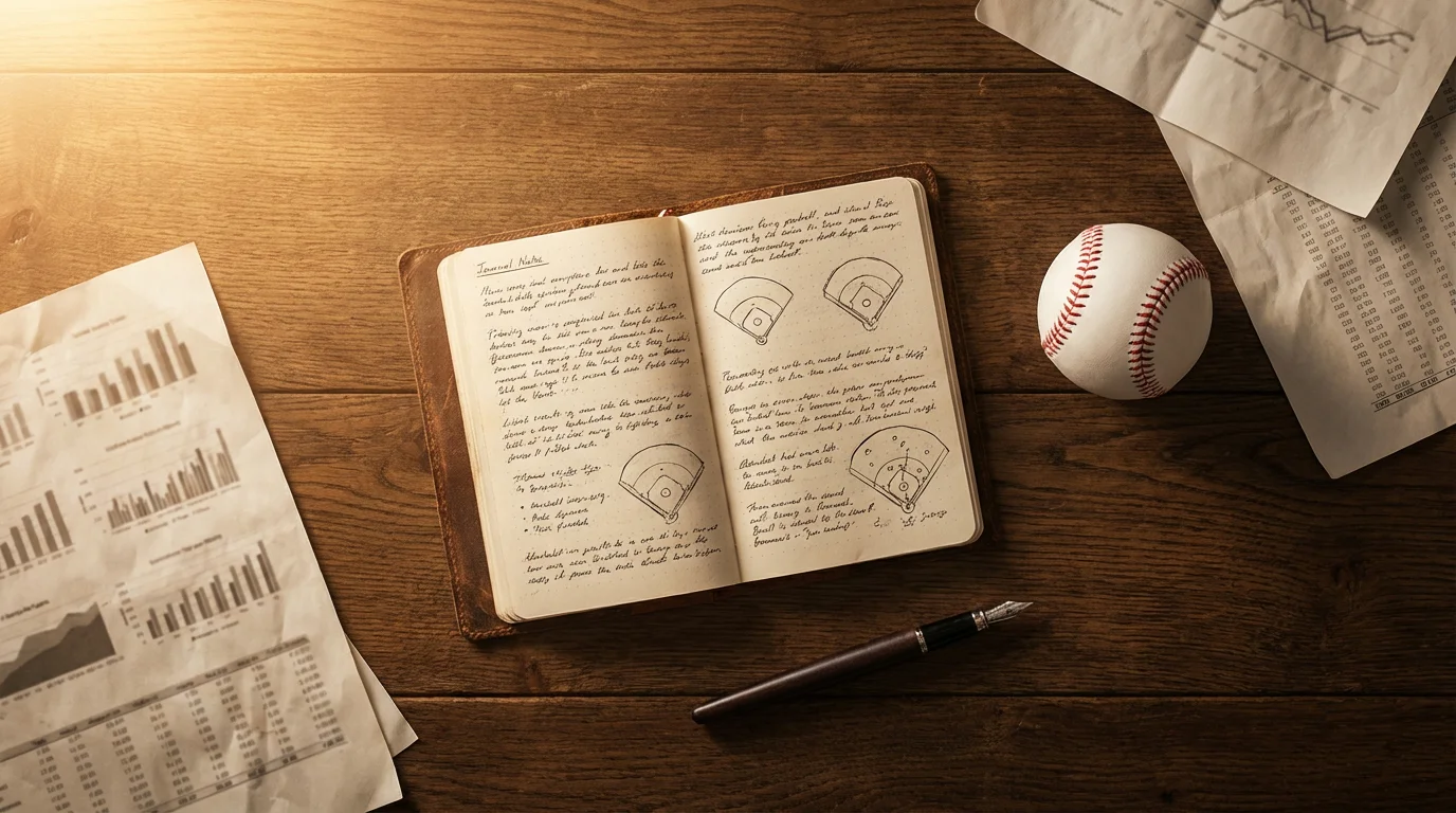 Aufgeschlagenes Notizbuch mit Baseball-Strategienotizen neben einem Baseball und Stift