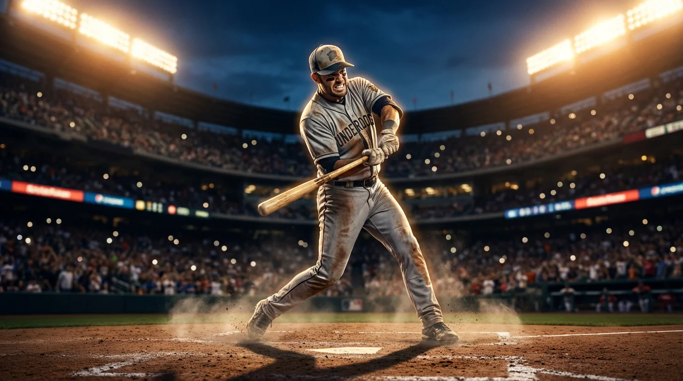 Baseball-Spieler im Außenseiter-Trikot schwingt den Schläger unter Flutlicht in einem MLB-Stadion