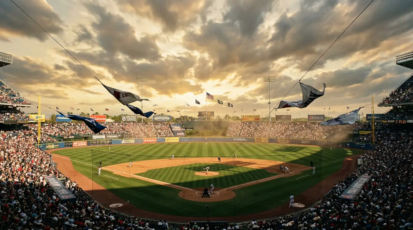 Baseball-Stadion bei windigem Wetter mit wehenden Fahnen und dramatischem Himmel als Symbol für Umweltfaktoren bei Baseball-Wetten