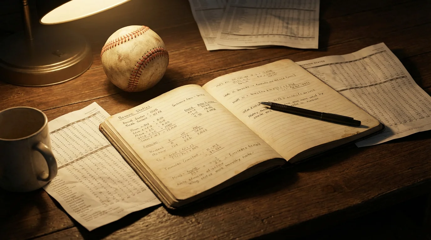 Baseball auf einem Holztisch neben einem aufgeschlagenen Notizbuch mit handschriftlichen Statistiken und einem Stift, beleuchtet von warmem Seitenlicht