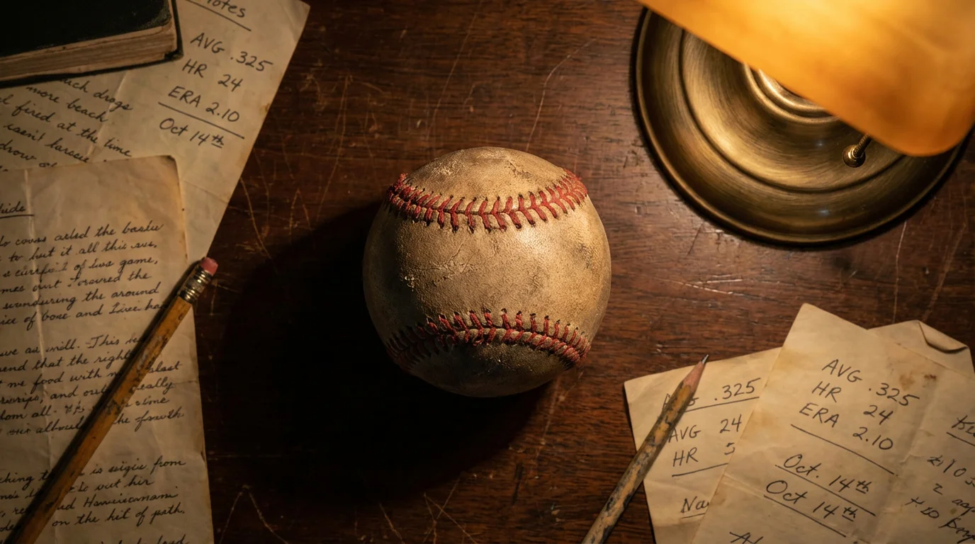 Baseball auf einem Holztisch umgeben von handgeschriebenen Statistik-Notizen und Strategie-Diagrammen
