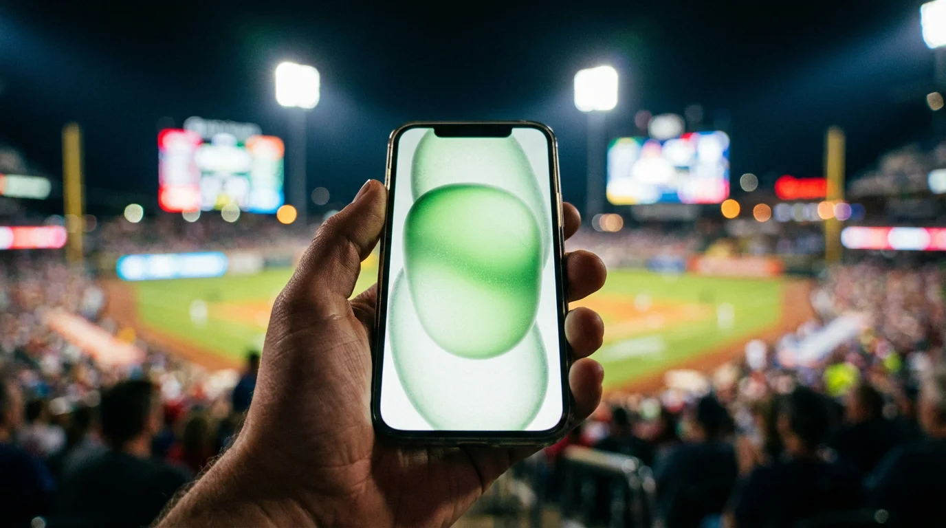 Smartphone zeigt Baseball-Wettquoten vor dem Hintergrund eines beleuchteten Baseball-Stadions bei Nacht