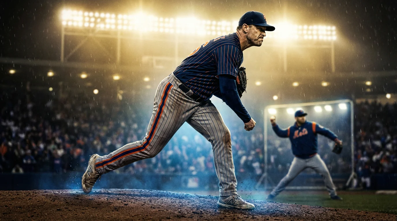 Baseball Relief Pitcher auf dem Mound im Stadion während der späten Innings unter Flutlicht