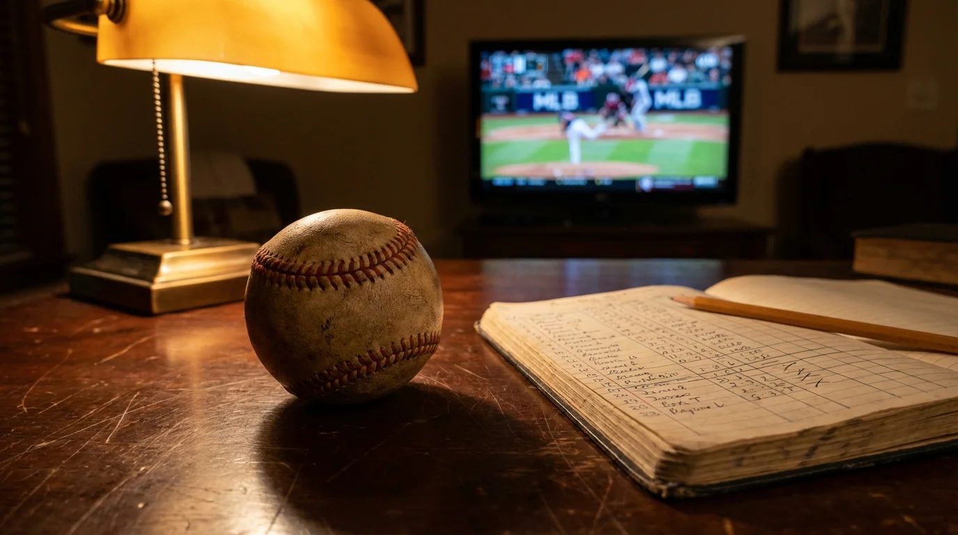 Baseball auf einem Schreibtisch neben handschriftlichen Notizen und Statistiken - symbolisch für die Analyse von Closing Line Value im Baseball