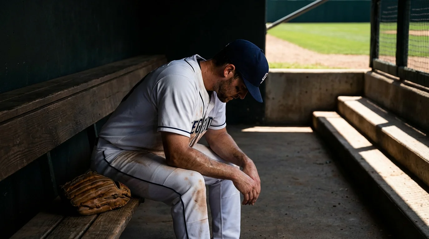 Erschöpfter Baseball-Spieler sitzt müde in einem leeren Dugout bei Tageslicht nach einem Nachtspiel