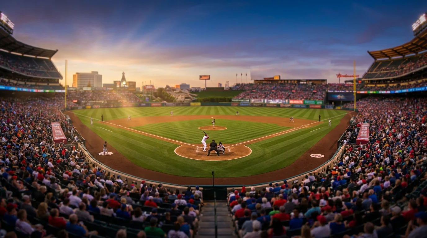 Blick über ein voll besetztes Baseball-Stadion bei Abendlicht mit Heimteam am Schlag