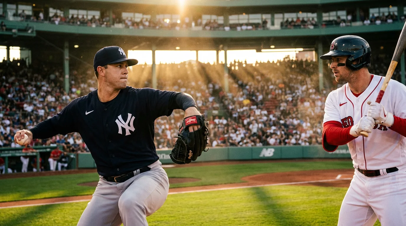 Zwei Baseball-Spieler in unterschiedlichen Trikots stehen sich auf einem MLB-Spielfeld gegenüber - symbolisch für Interleague Play zwischen American League und National League