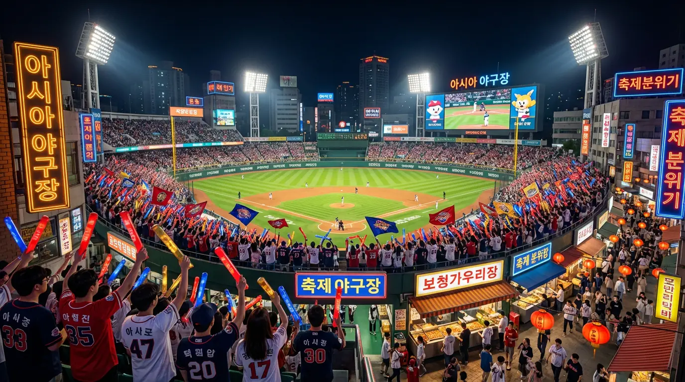 Lebhaftes asiatisches Baseball-Stadion bei Nacht mit bunten Lichtern und begeisterten Fans