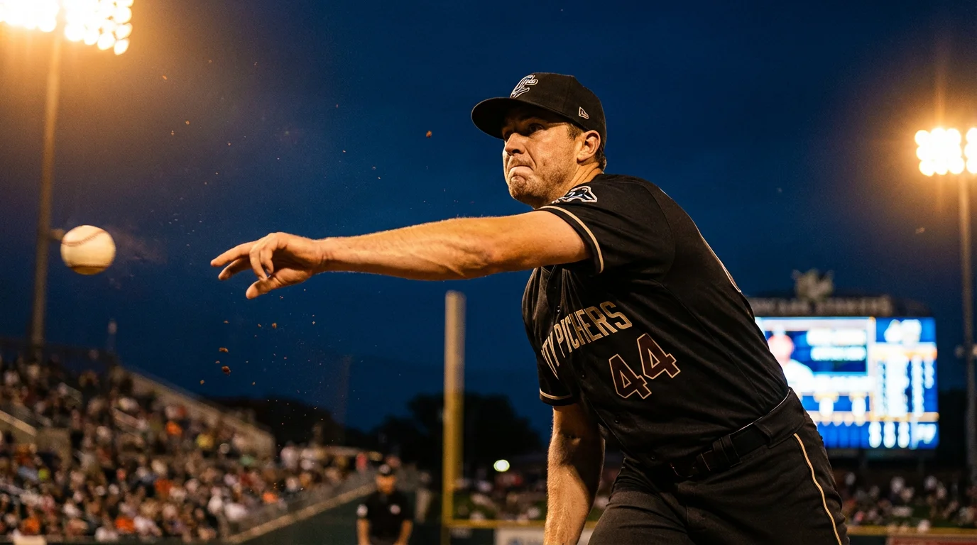 Nahaufnahme eines Baseball-Pitchers im Moment des Wurfs unter Flutlicht im Stadion