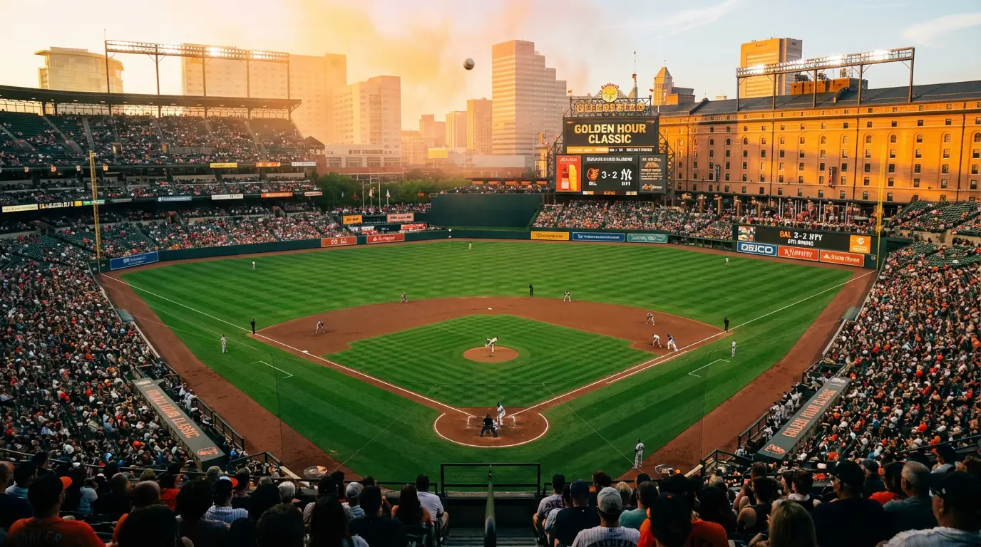Blick über ein MLB-Baseballstadion bei Abendlicht mit sichtbaren Outfield-Dimensionen und Zuschauertribünen