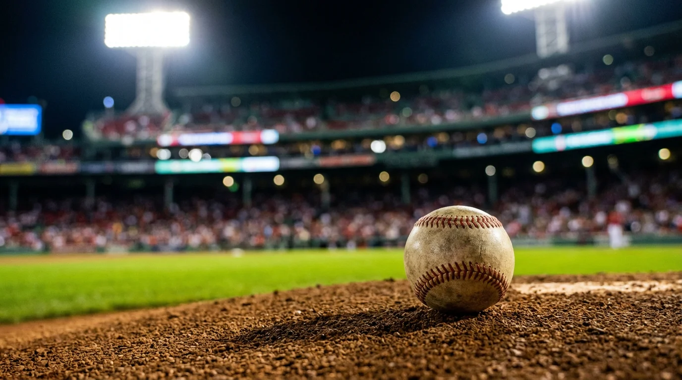 Dramatische Nahaufnahme eines Baseballs auf dem Pitcher's Mound in einem voll besetzten Stadion während eines Playoff-Spiels bei Nacht