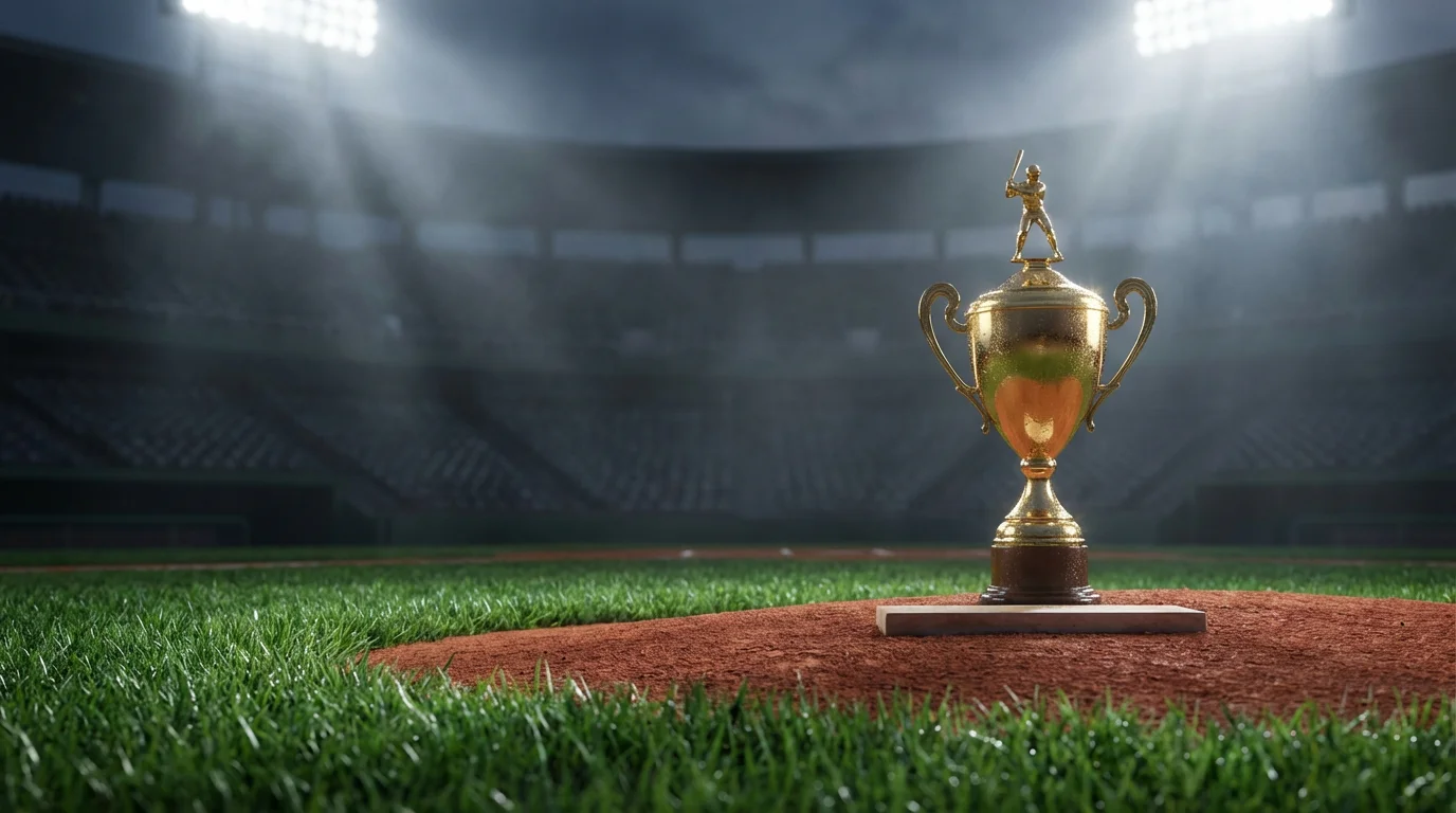 Goldener Baseball-Pokal auf einem Spielfeld unter dramatischem Flutlicht bei einem MLB-Spiel