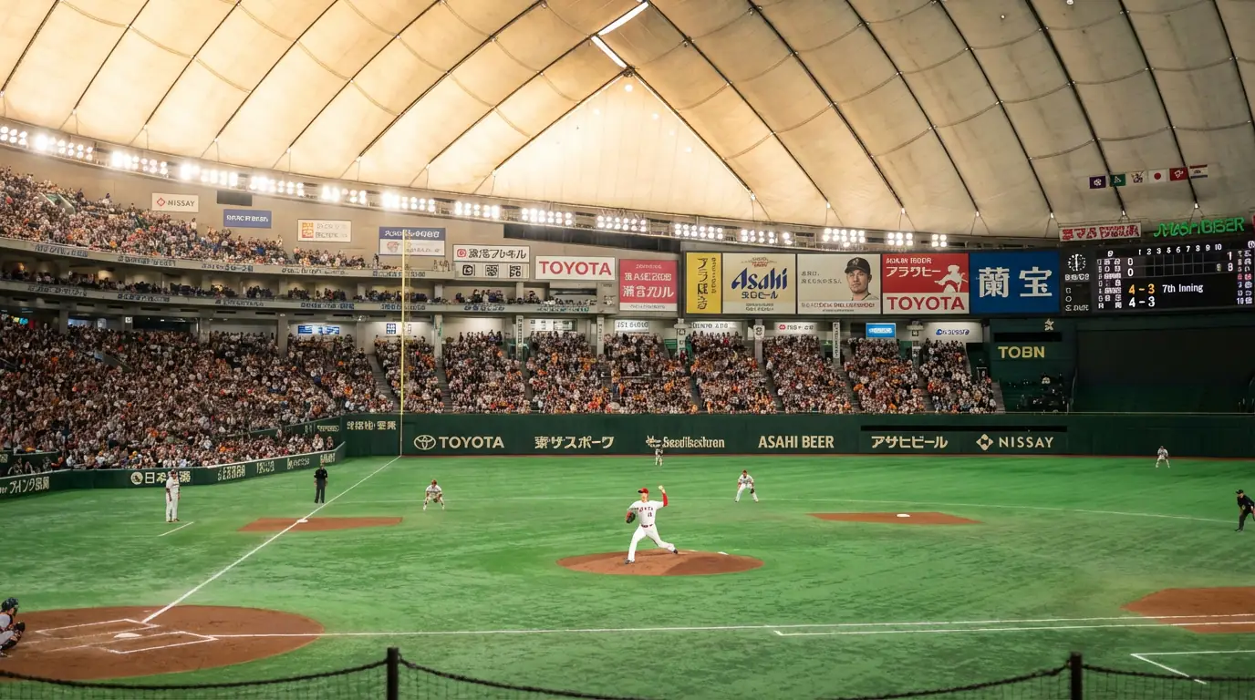 Japanisches Baseball-Stadion bei Tageslicht mit Pitcher auf dem Mound während eines NPB-Spiels