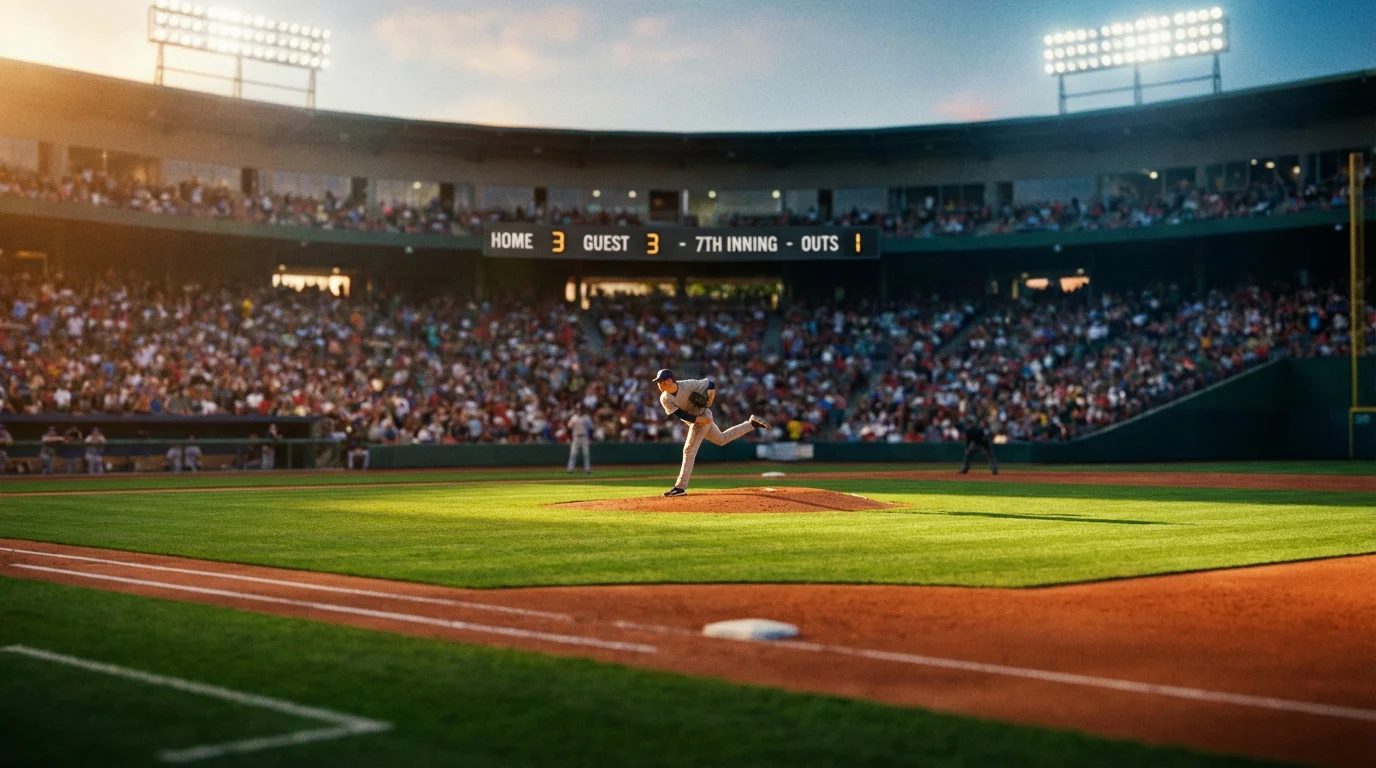 Baseball-Stadion bei Abendbeleuchtung mit Pitcher auf dem Mound und Scoreboard im Hintergrund