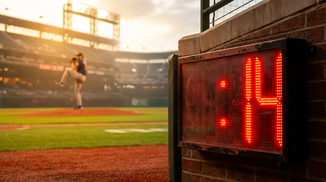 Nahaufnahme einer Pitch Clock an einem MLB-Baseballstadion mit einem Pitcher auf dem Mound im Hintergrund