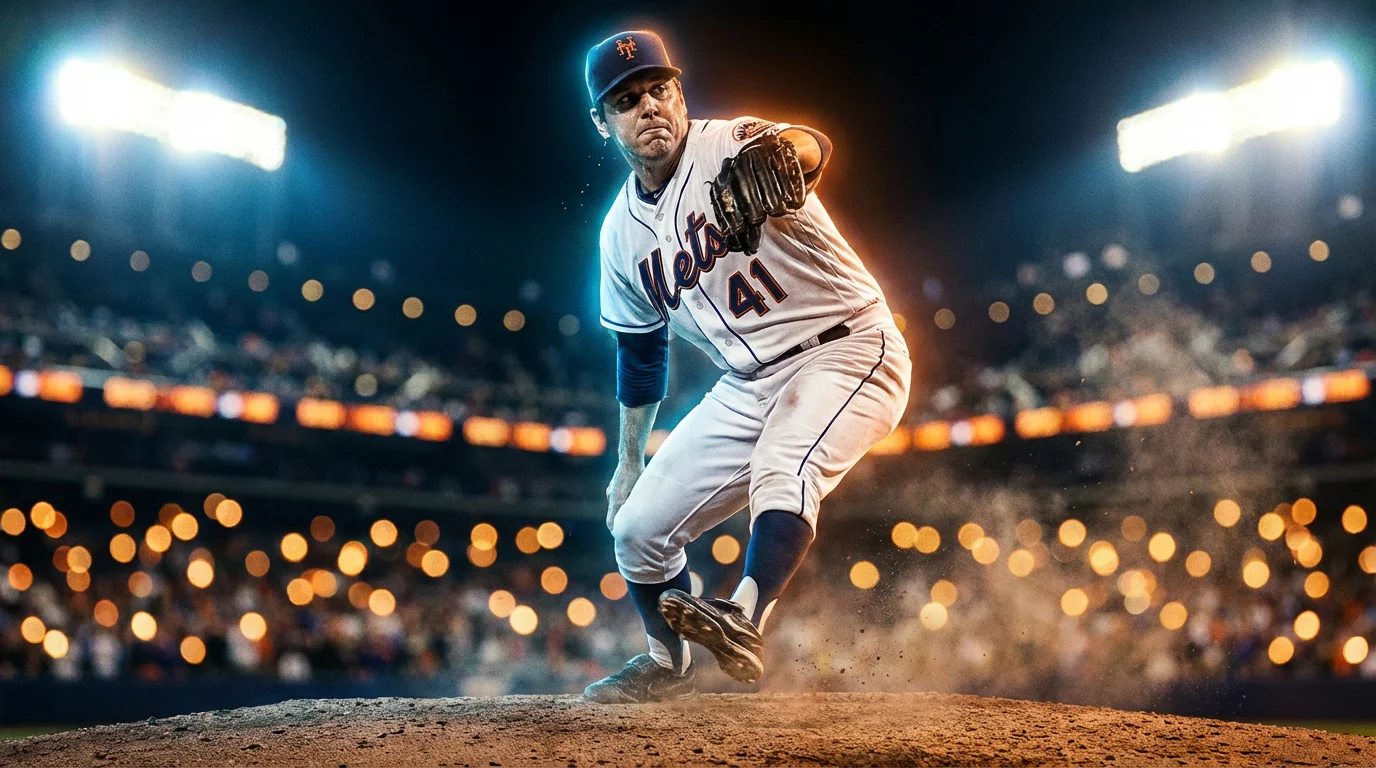 Baseball-Pitcher auf dem Mound in einem MLB-Stadion bei Flutlicht, bereit zum Wurf