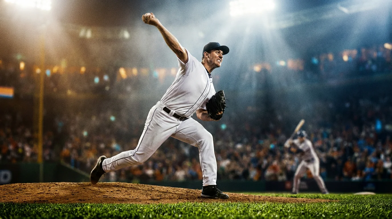 Baseball-Pitcher in Wurfbewegung unter Flutlicht im Stadion - symbolisch für Strikeout-Wetten im Baseball