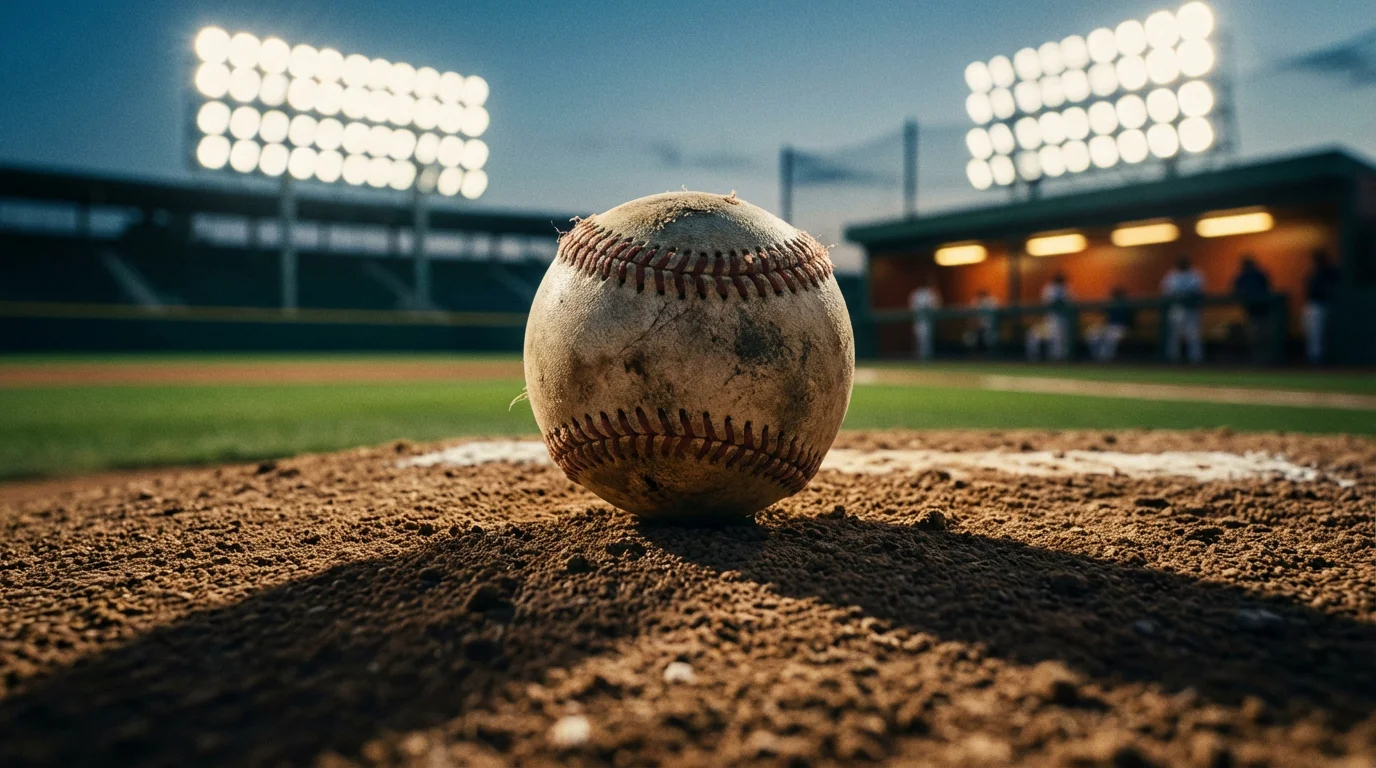Baseball im Stadion bei Flutlicht - Nahaufnahme eines Baseballs auf dem Pitcher's Mound mit Spielfeld im Hintergrund