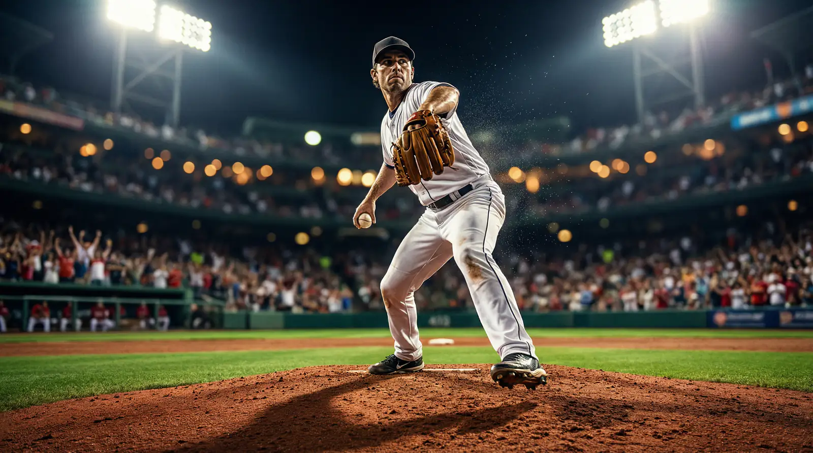 Baseball-Pitcher auf dem Mound in einem Stadion bei Flutlicht, symbolisch für die statistische Analyse im Baseball