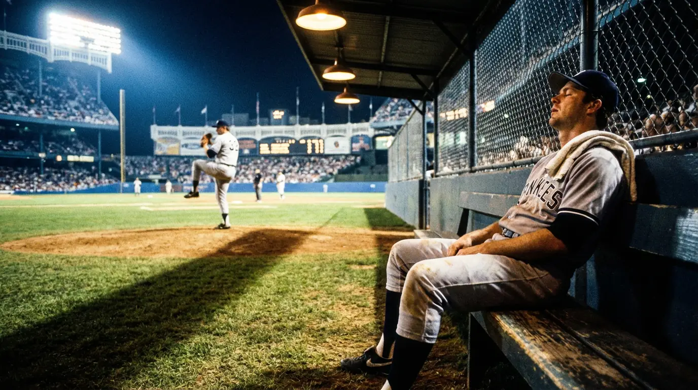 Baseball-Bullpen bei Nacht mit erschöpftem Relief-Pitcher auf der Wurfhügel-Bank unter Stadionflutlicht