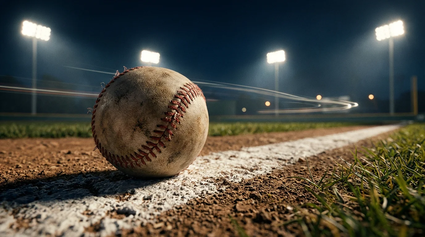 Baseballstadion bei Nacht mit dramatischer Beleuchtung und einem Baseball auf dem Spielfeld als Symbol für Wettmarkt-Analyse