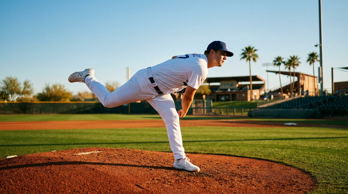 Baseball-Pitcher beim Aufwärmen im Spring Training auf einem sonnigen Trainingsfeld in Arizona