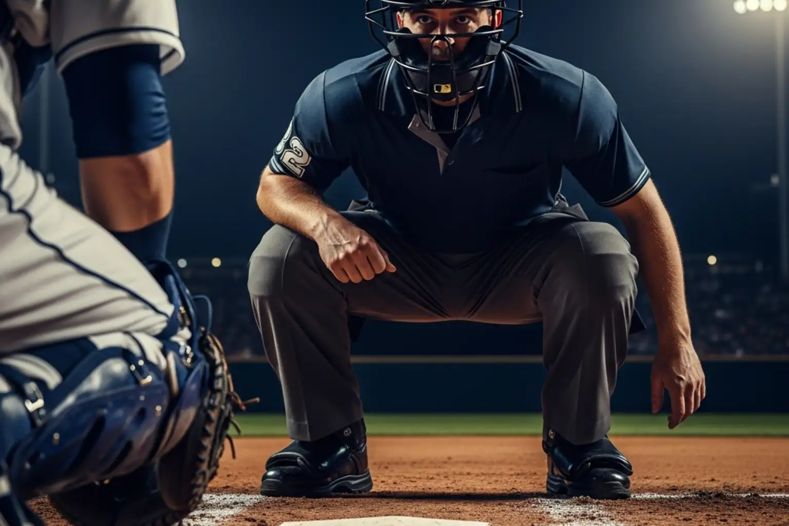 Baseball-Schiedsrichter hinter der Home Plate bei einem MLB-Spiel, Blick auf die Strike Zone aus der Perspektive des Catchers
