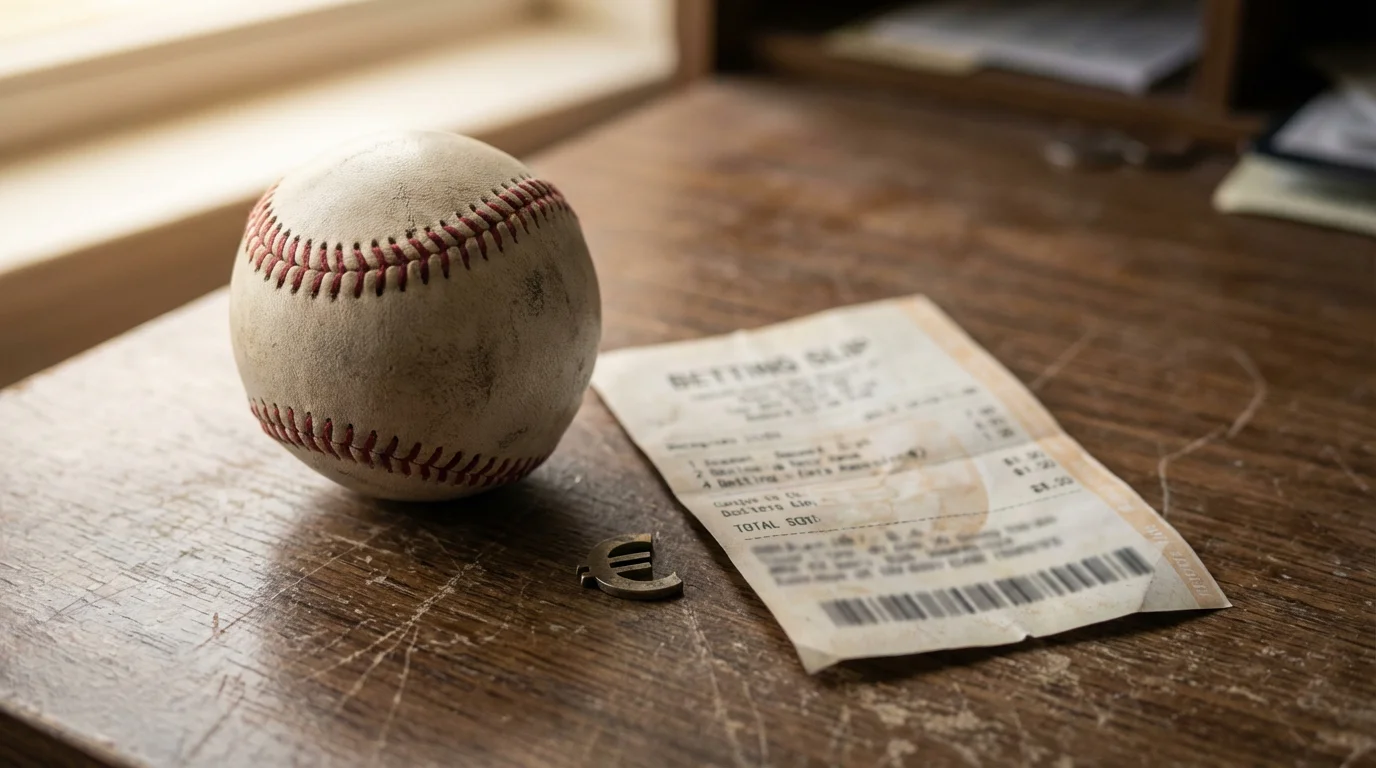 Baseball auf einem Holztisch neben einem Wettschein und einem Euro-Symbol, das die Wettsteuer bei Baseball symbolisiert